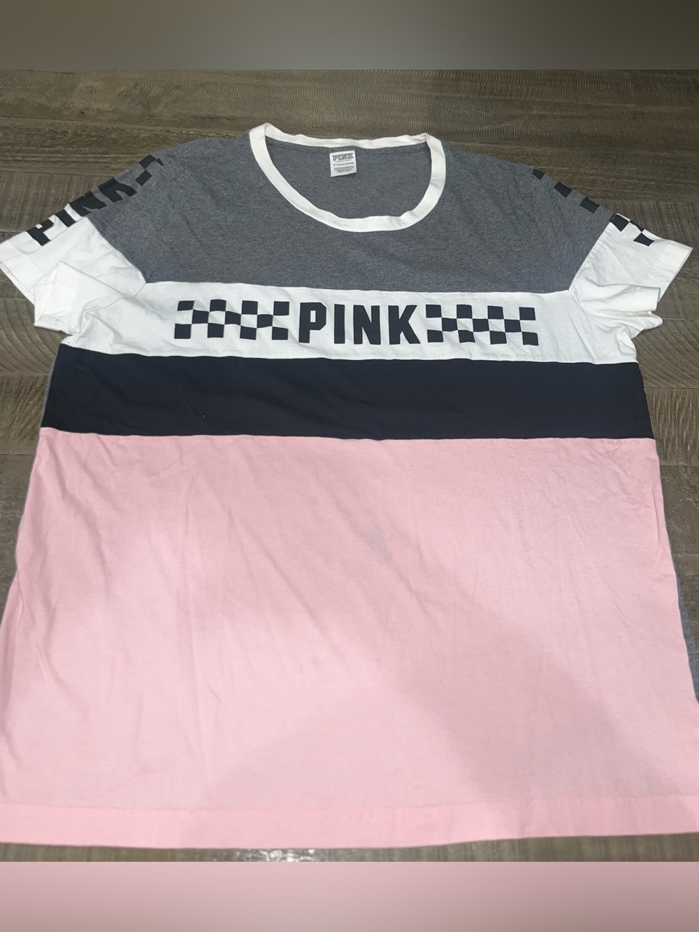 PINK Victoria's Secret Pink, black,White & Gray Colorblock Crew Tee